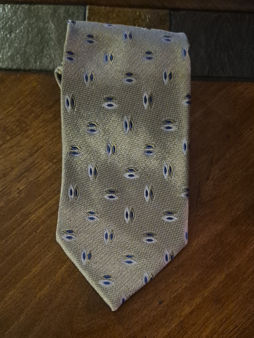 Men's Taupe/Brown Patterned Necktie with Blue Accents By Villa Bolgheri